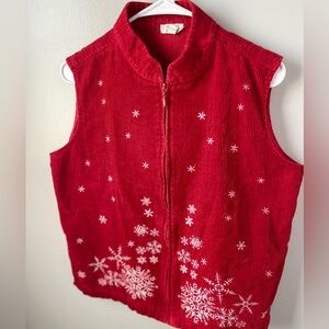 Vintage Baxter & Wells red corduroy snowflake zip up vest 100% cotton medium